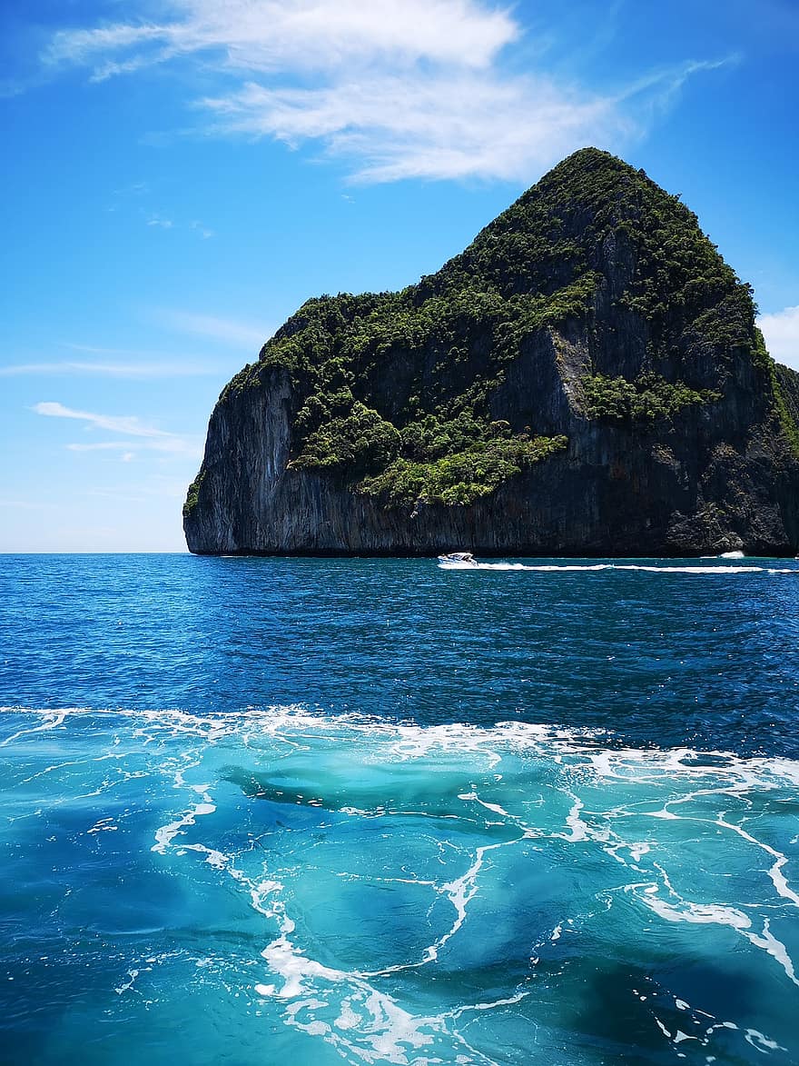 sziget, tenger, óceán, hajó felébred, óceáni kilátás, víz, szigetecske, paradicsom, Thaiföld, Phuket