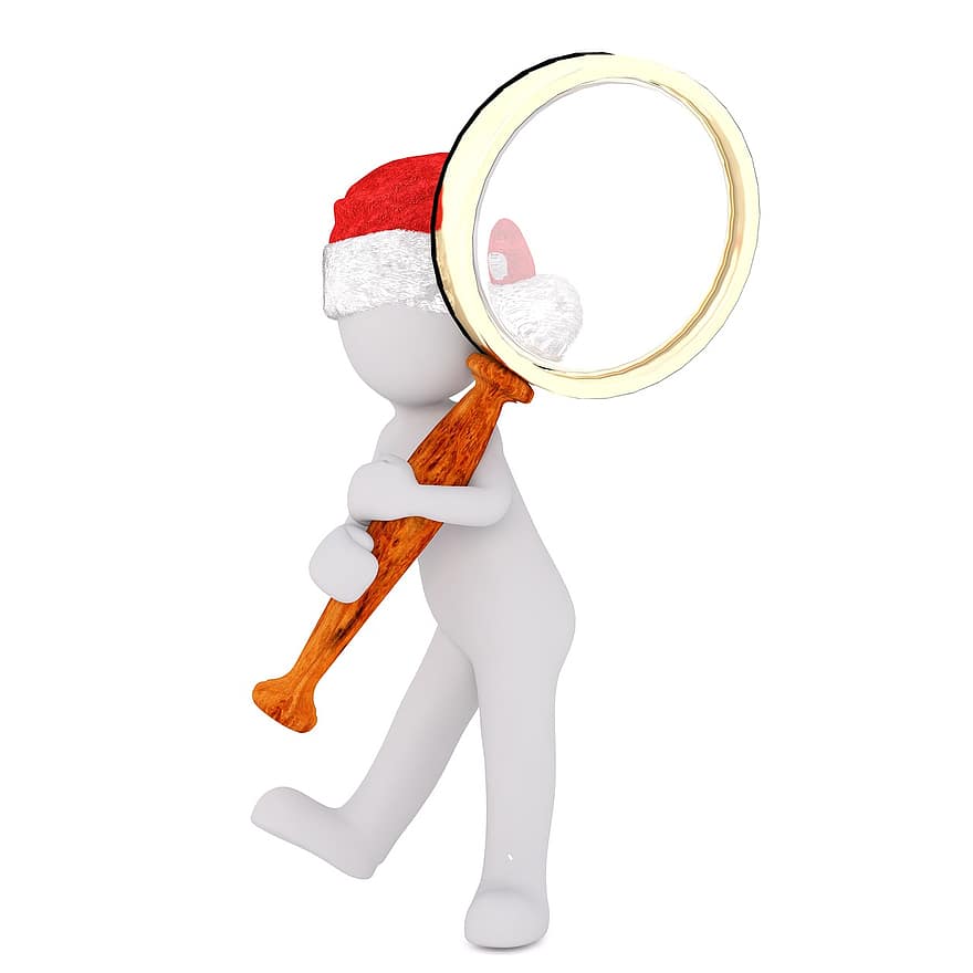 hvit mann, hvit, figur, isolert, jul, 3d modell, Full kropp, 3d santa hat, forstørrelsesglass, se, forskning