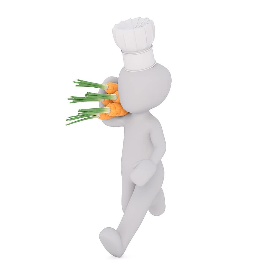Gemüse, gesund, Vitamin, vegan, Karotte, weißer Mann, 3D-Modell, isoliert, 3d, Modell-, Ganzkörper