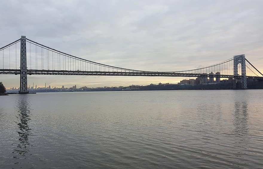 puente, reflexión, río, Nueva York, fondo