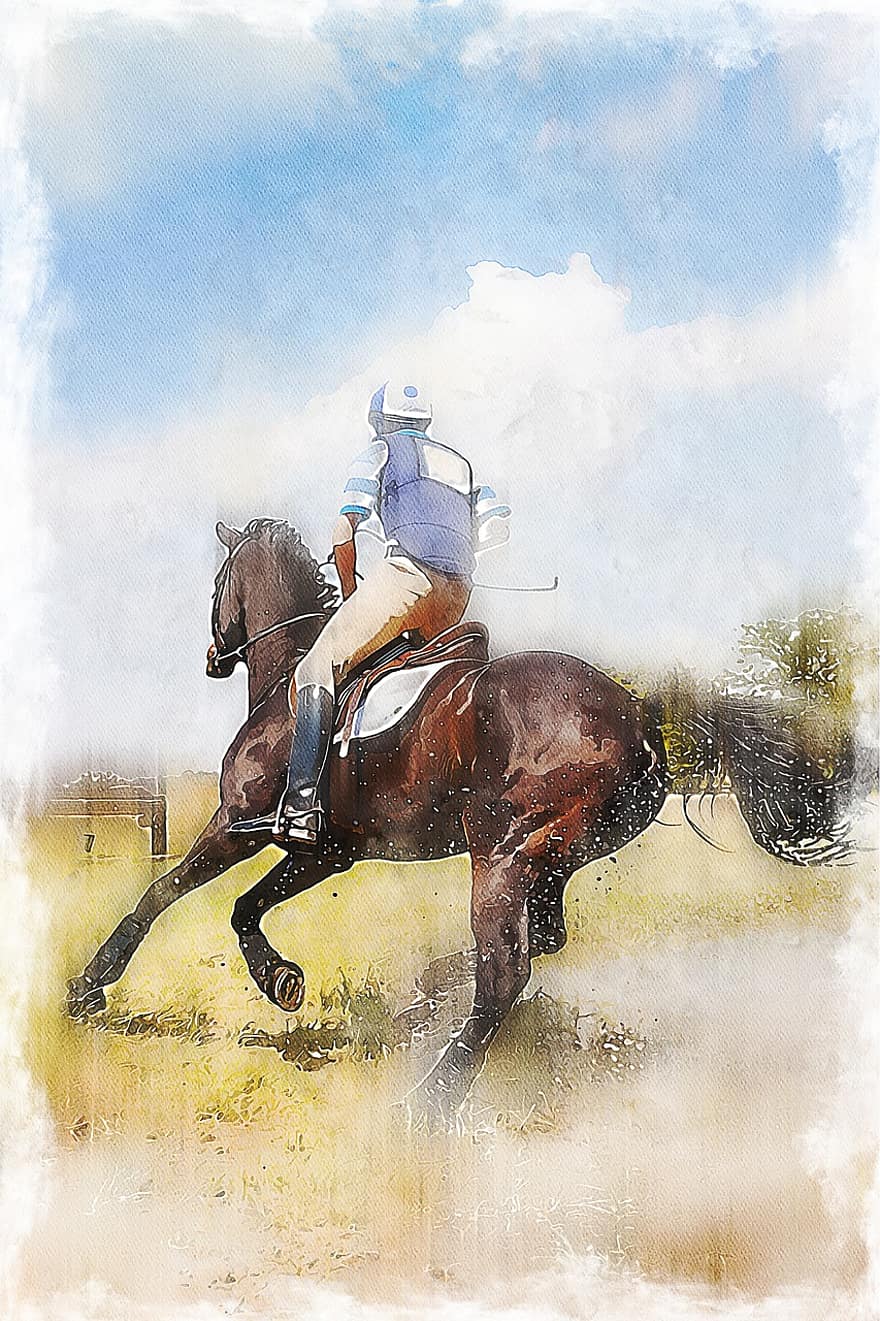 hevonen, ratsastaa, akvarelli, ratsastus-, ratsastus, taide, taiteellinen, maalaus