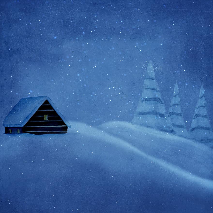 cabana, neve, inverno, arvores, queda de neve, nevando, invernal, Natal, cabine, construção, paisagem de neve