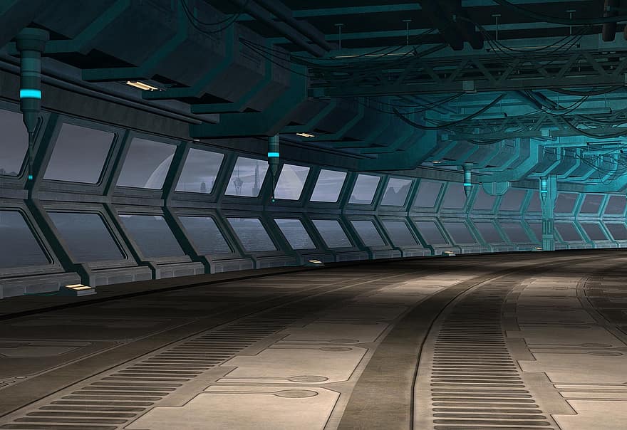 宇宙船、廊下、3D、サイエンスフィクション、未来、インテリア、ホール、駅、窓、SF