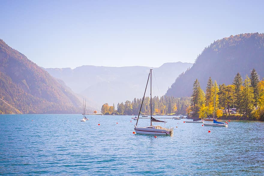 loď, jezero, Příroda, cestovat, průzkum, venku, podzim, sezóna, Seeblick, achensee, Segelboote