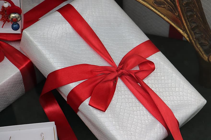 gave, rød bue, jul, dekorative, pakke, præsenterer, emballage, fest, dekoration, tæt på, baggrunde