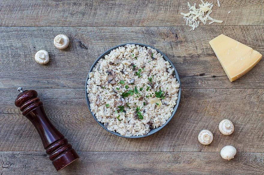 Food, Risotto, Flat Lay, Dish, Rice, Cuisine, Meal, Cheese, Mushrooms, Healthy, Nutrition