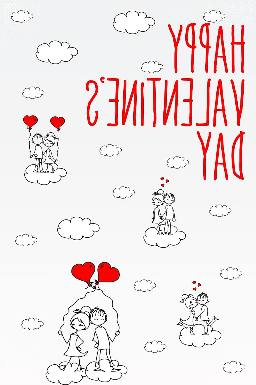 Hearts, Clouds, Valentine, Postcard, Gift, Love, Colorful, Boy, Young Woman, Drawing