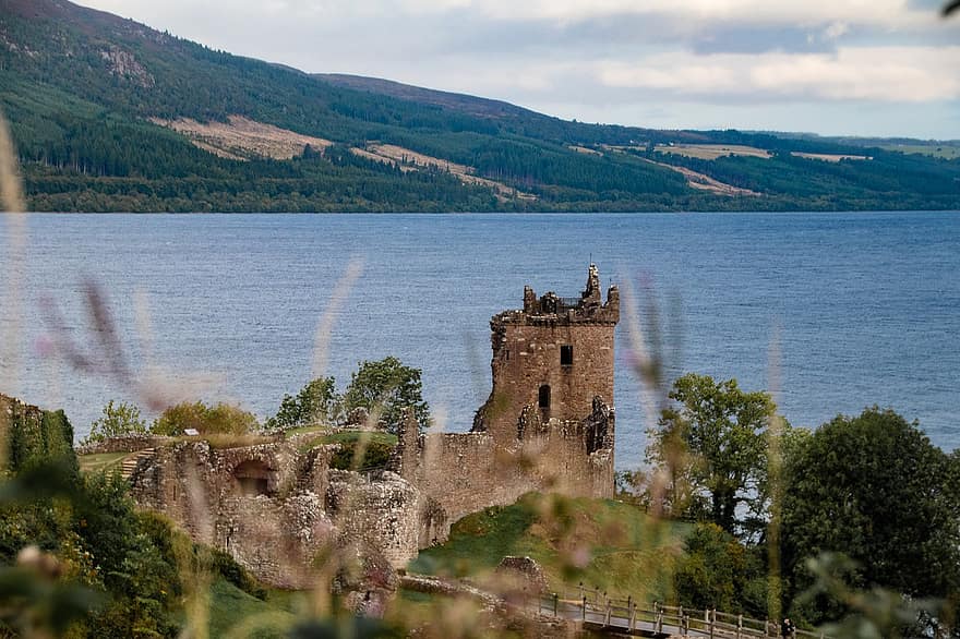 castillo, lago, tierras altas, Urquhart, loch ness, montañas, tierras altas e islas, Escocia, agujero, paisaje, Caisteal Na Sròine
