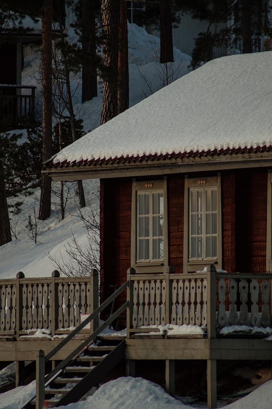 hytte, hus, snø, vinter, badstue, arkitektur, veranda, kald, tre, landlige scene, årstid