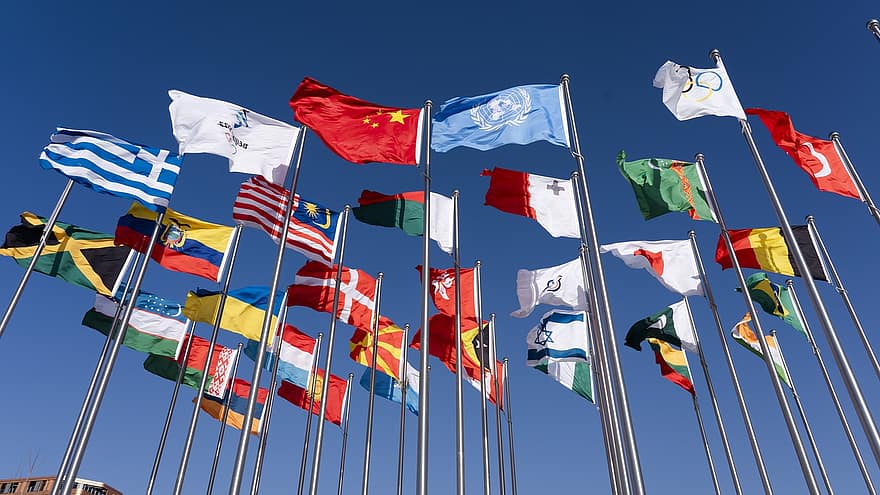 banderas, Naciones Unidas, países, pancartas