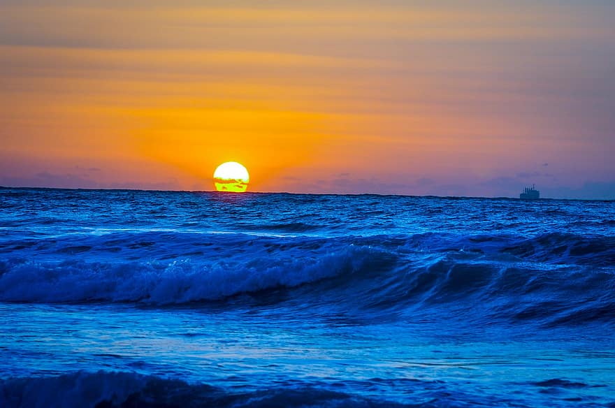 auringonlasku, valtameri, meri, aallot, laiva, horisontti, vaahto, rannikko, ranta