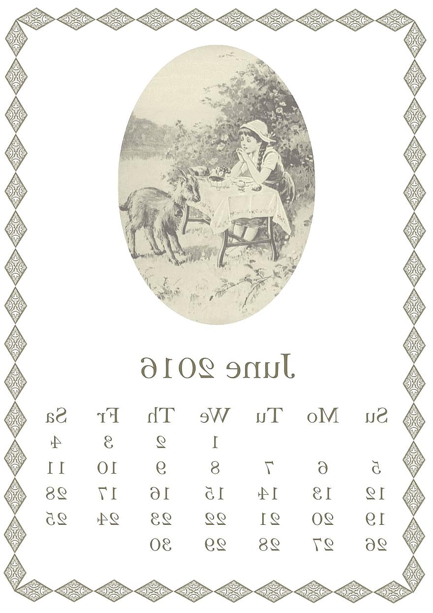 giugno, 2016, calendario, ragazza, bambino, capra, tavolo, campagna, campo, erba, albero