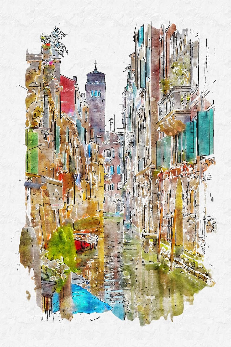 Photo Art, Digital Painting, Town Painting, Venice Painting, Venice, Italy, Buildings, Channel, Architecture