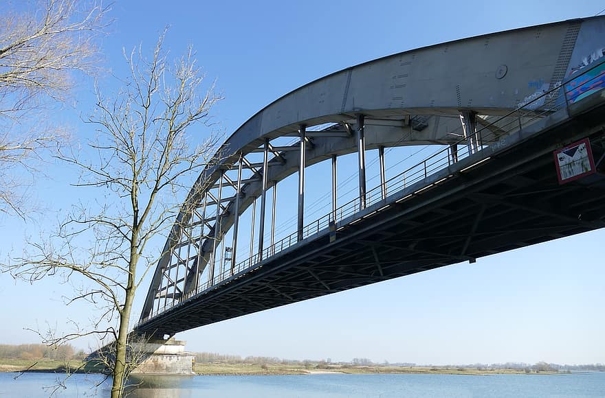 pont, pont de chemin de fer, rivière, De Lek, Culemborg, Pays-Bas, chemin de fer, rail, les voies ferrées, voie ferrée, arc