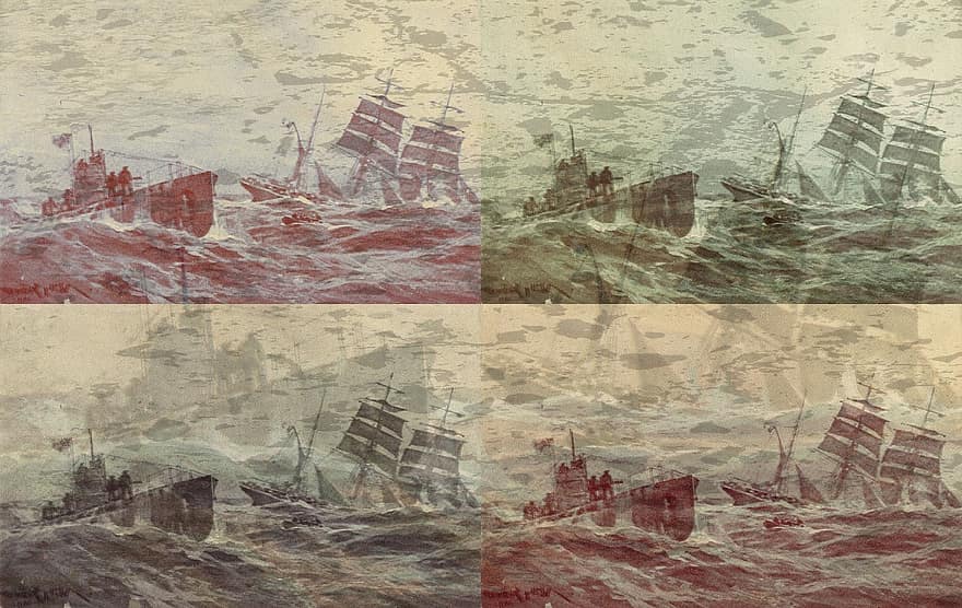 purjealus, sukellusvene, meri, ihmisen, sota, siluetti, myrskyinen, 1917, taide