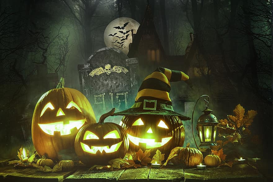 achtergrond, halloween, pompoen, heks, digitale kunst, spookachtig, nacht, lantaarn, oktober, verschrikking, herfst