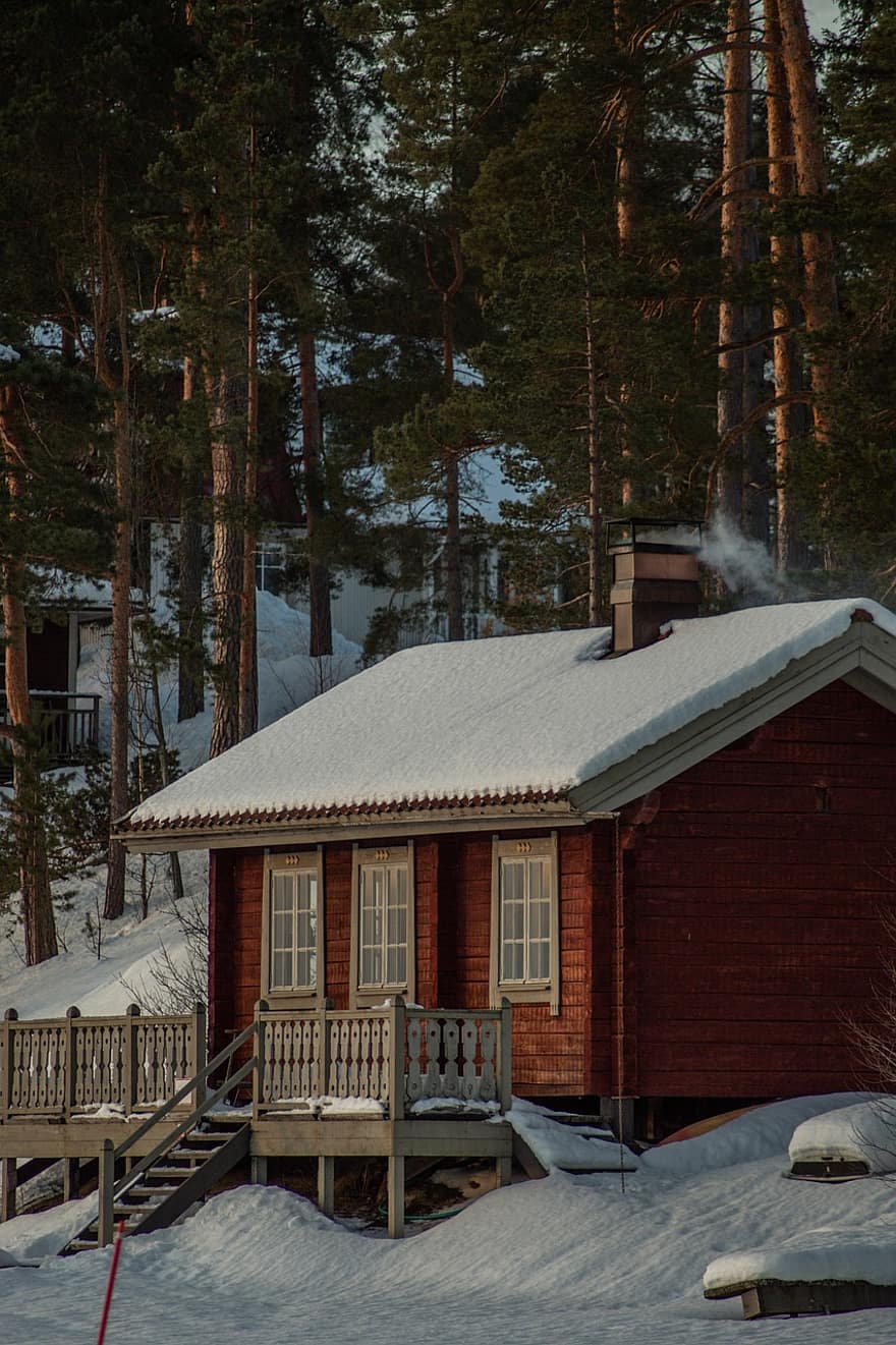 cabaña, casa, nieve, invierno, sauna, arquitectura, porche, frío, madera, bosque, árbol