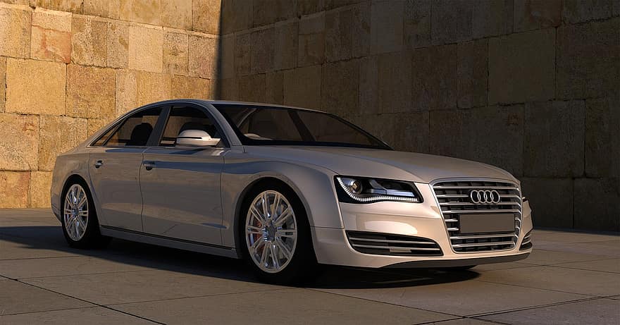 Audi, a8, спортна кола, автомобили, автомобил, контура, метален, отражения на слънцето, сянка, каменна стена, монохромен