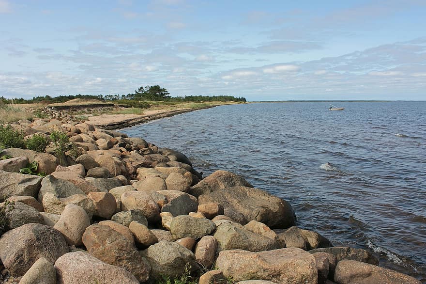 kyst, klipper, fjorden, hav, vand, sten, kystlinje, Danmark, sommer, natur, horisont