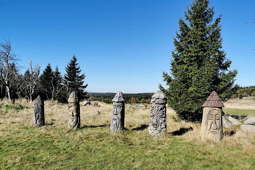 lešna, Ládunk, skulptūros, drožiniai, Nová Ves V Horách, Neudorfo kalnas, Čekijos Respublika, rūdos kalnai, žygis, miškas, seiffen
