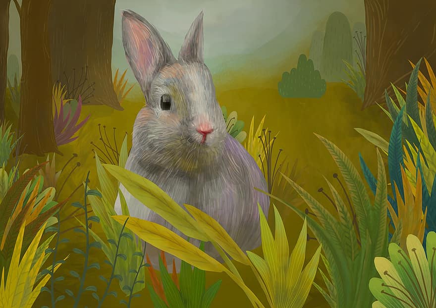 kelinci, padang rumput, di luar ruangan, lukisan, hutan, alam, rumput, imut, hewan peliharaan, ilustrasi, warna hijau
