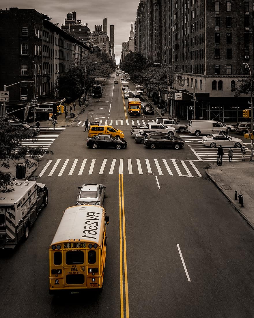сгради, улица, път, автомобили, превозни средства, трафик, град, градски, Манхатън, Ню Йорк, САЩ