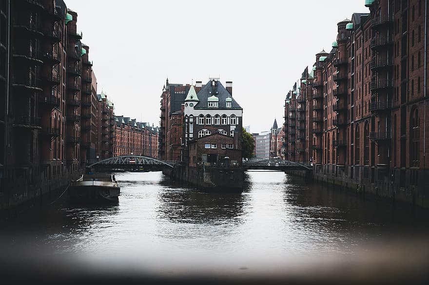 speicherstadt, brug, rivier-, gebouwen, Hamburg, Duitsland, architectuur, historisch, stad, boot, Elbe