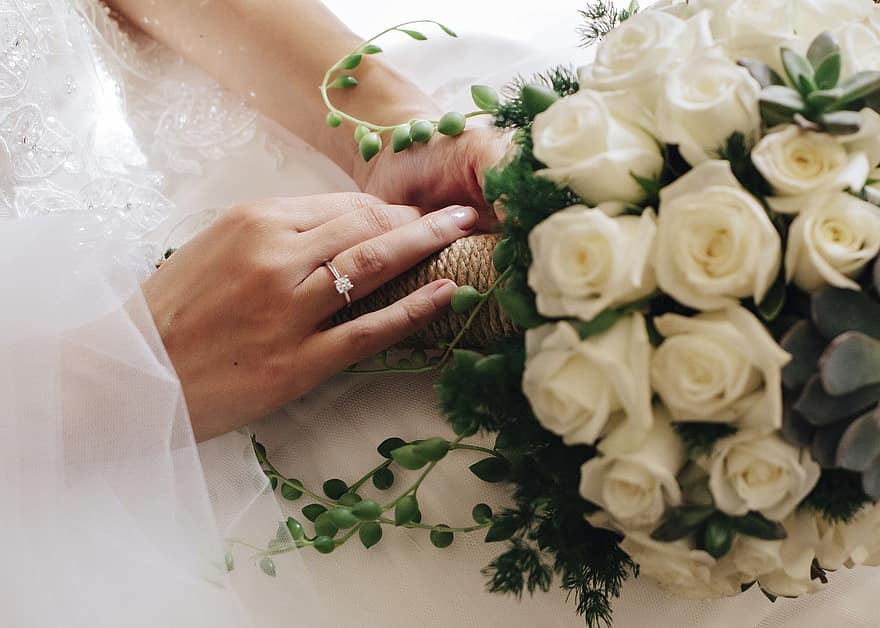 bruid, bloem, ring, huwelijk, bruids, boeket, liefde, romantisch, viering, vrouw, trouwen