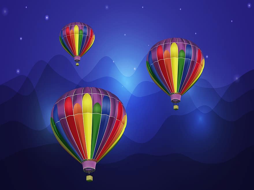 cel, volant, globus d'aire calent, avions, dom, aventura, multicolor, fons, transport, globus, diversió