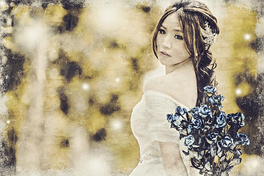 Character, Forest, Woman, White Dress, Bride, Wedding, Asia, Beauty, Bridal Bouquets, Autumn, Female