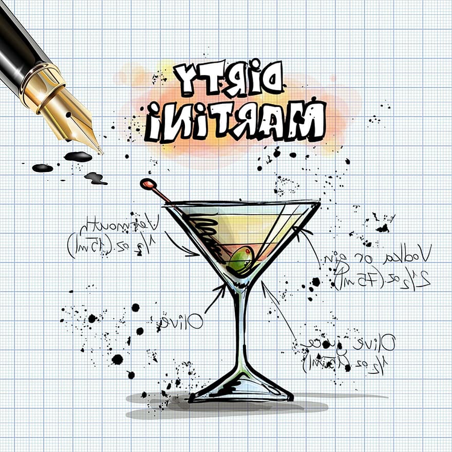 špinavé martini, koktejl, napít se, alkohol, recept, večírek, alkoholik