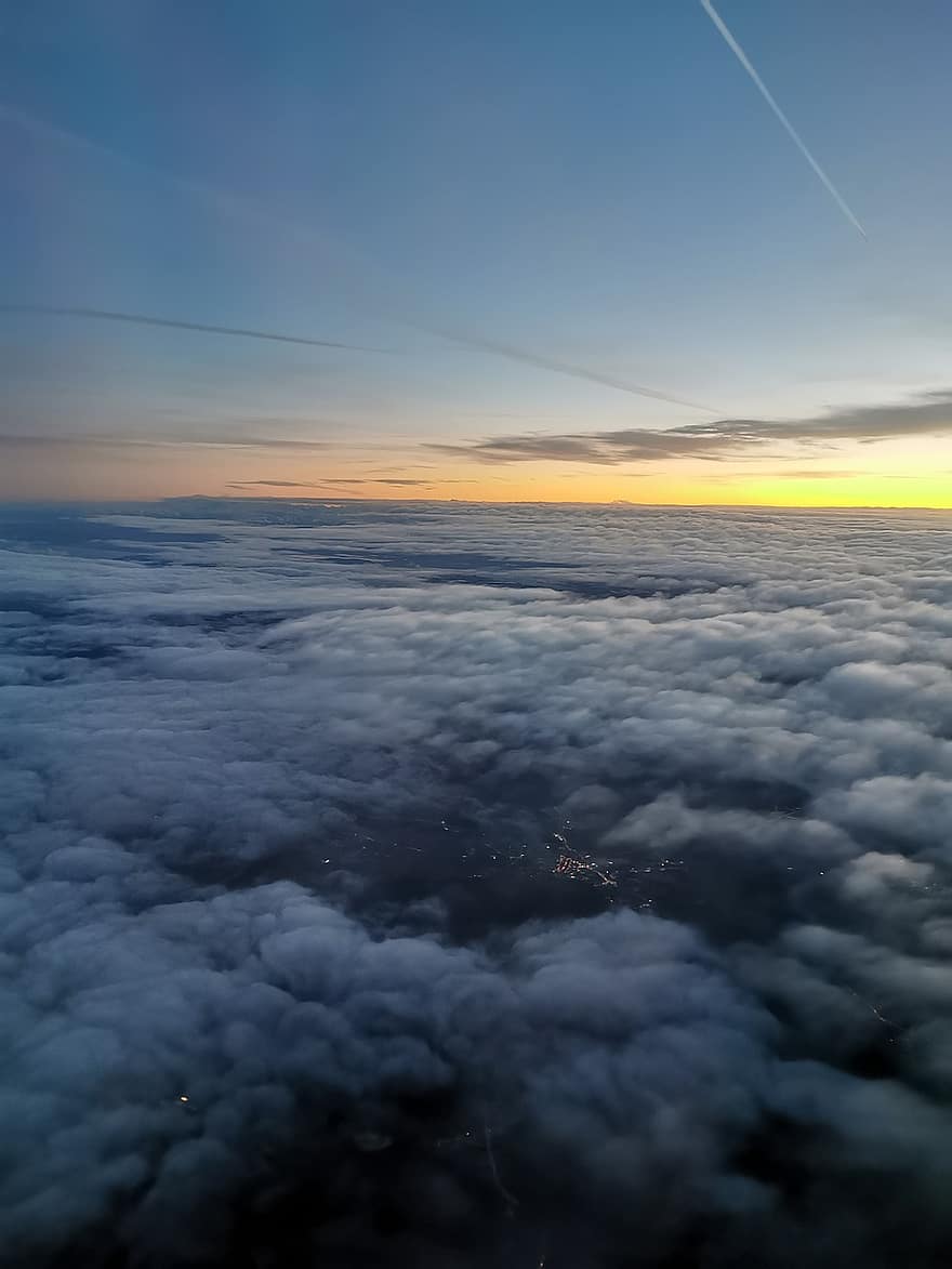 Sky, Clouds, Dusk, Sunset, Cumulus, Airspace, Outdoors, dom, cloud, blue, airplane