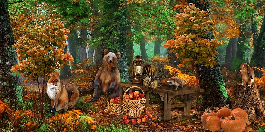 фон, животные, фантастика, лес, фрукты, осень, цифровое искусство