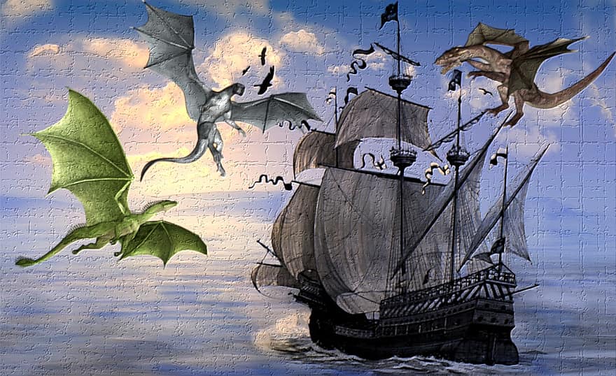 hajó, sárkány, dragonyos, sárkányok, tenger, vela, fák, víz, hajók, kötélzet, hüllő