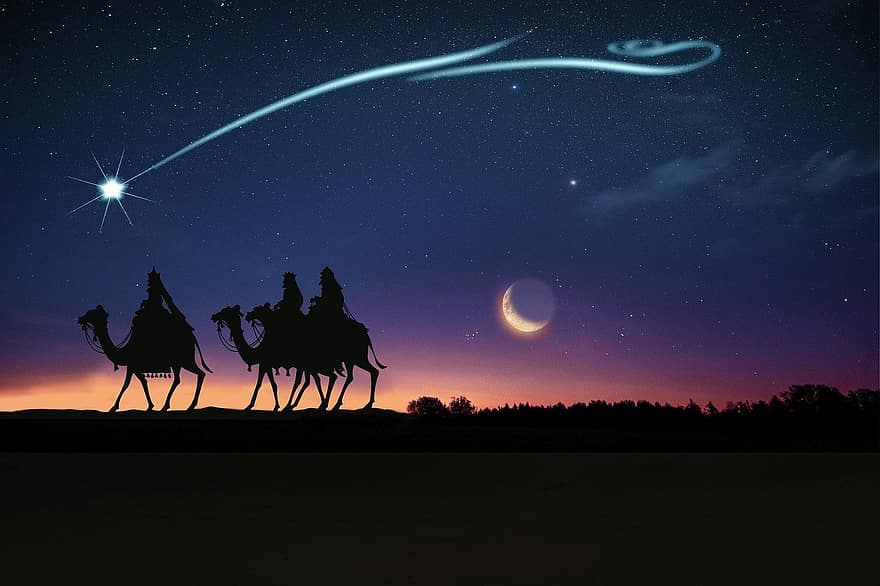 Estrela, lua, homem sábio, três reis, postal, cartão, Natal, noite, camelo, espaço, por do sol