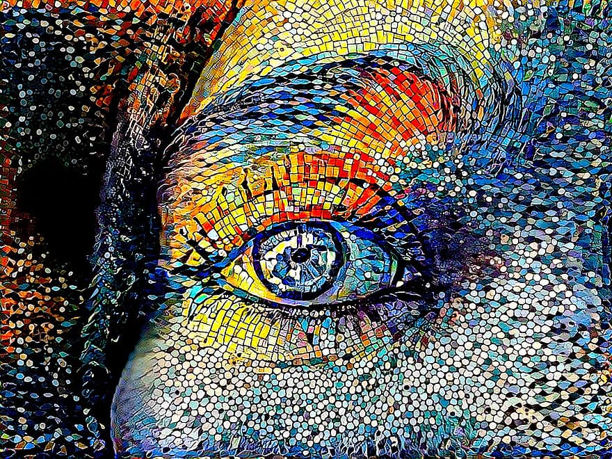 žena, oko, mozaika, smutný, sama, osamělý, zoufalství, umění, modrý