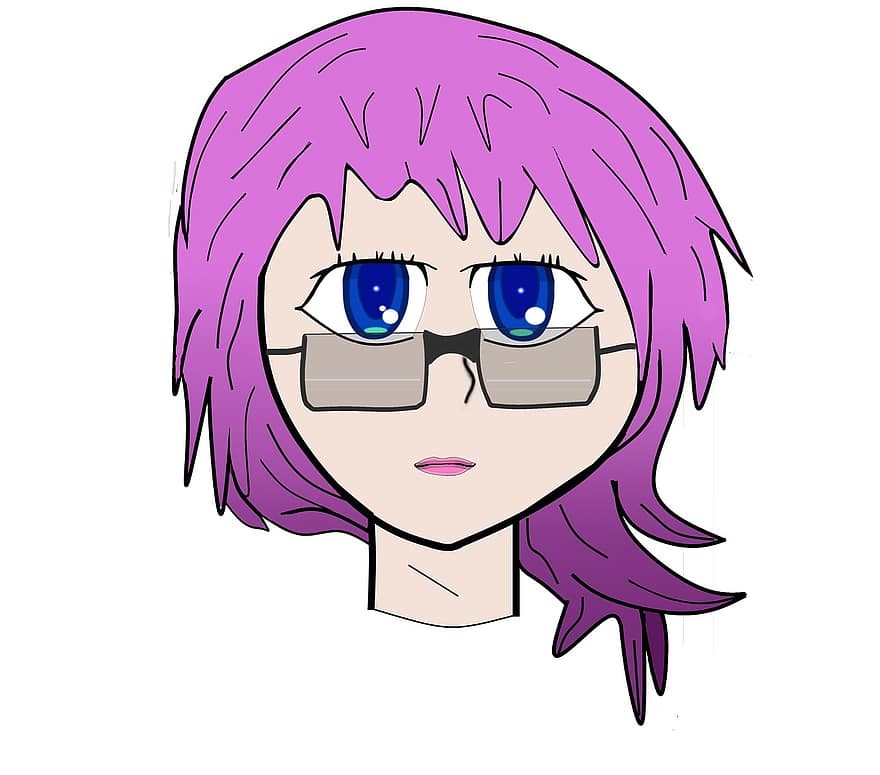 момиче, очила, графичен, глава, пурпурна коса, анимационен, очи, манга, жена, цвят, лице