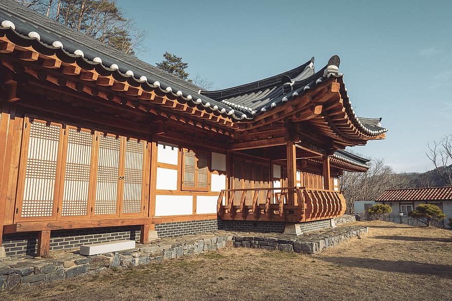 huis, gebouw, dak, traditie, berg-, Korea, landschap, reizen, natuur, architectuur, culturen