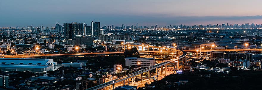 stadsbild, infrastrukturer, panorama, horisont, stadsljus, byggnader, bangkok, thailand, arkitektur, stad, thai