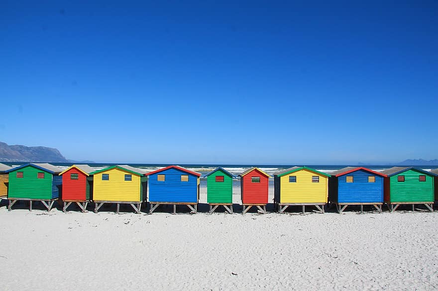 شاطئ بحر ، أكواخ الشاطئ ، muizenberg ، رمال ، البيوت ، كبائن ، كبائن ملونة ، ساحل ، دعم ، البحر ، محيط