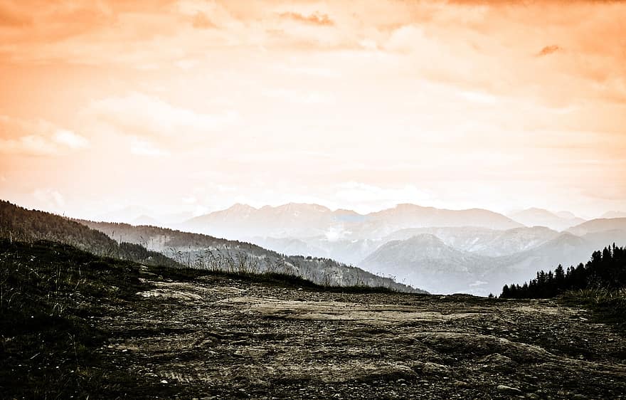 panorama, bjerg, alpine, orange