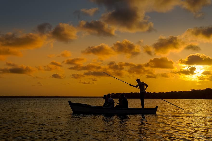 Kenya, tenger, napnyugta, Watamu, hajó, halászat, csónak, szürkület, halász, férfiak, víz