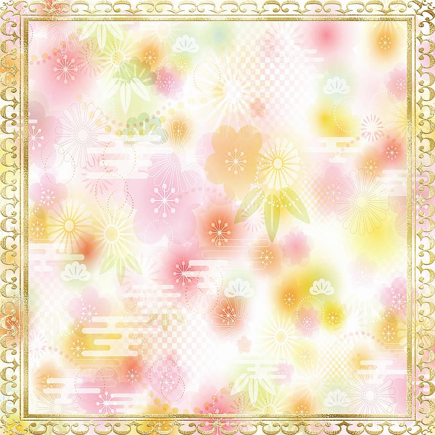 digitální papír, květ, vzor, rám, okraj, Rám ze zlaté fólie, Digitální papír Sakura, květinový, scrapbooking, vinobraní, papír