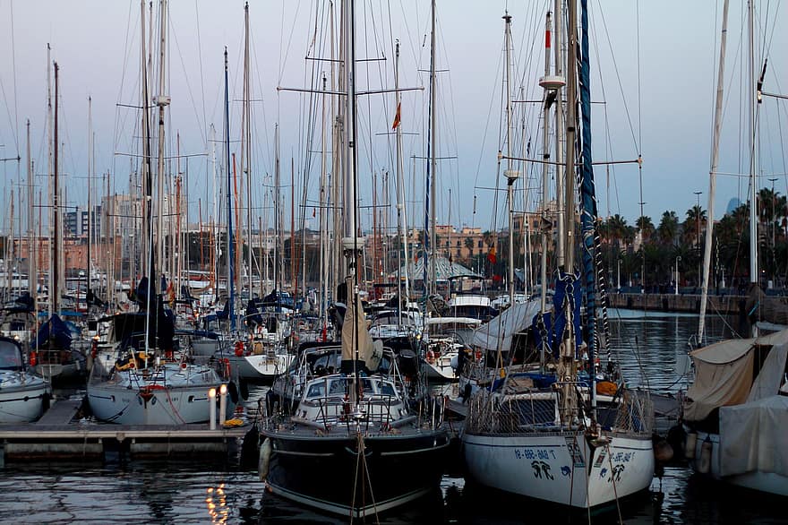 платноходки, порт, море, яхти, лодки, ветроходни лодки, пристанище, океан, Барселона