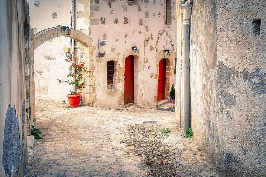 Alley, Buildings, Village, Old Town, Archway, Street, Pavement, Houses, Wall, Mediterranean, Crete
