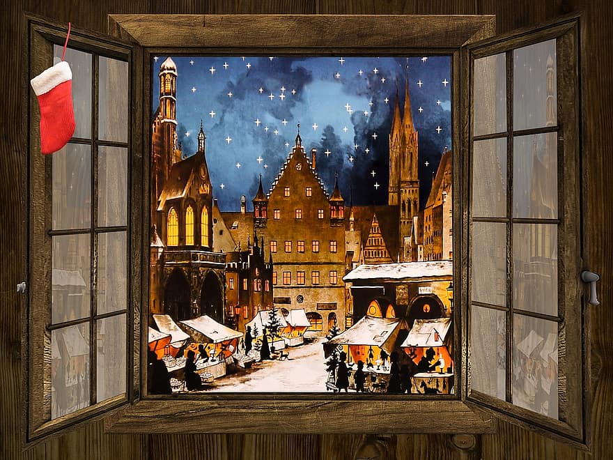 冬、Christkindlesmarkt、クリスマスマーケット、クリスマスの時期、雰囲気、クリスマス、ニュルンベルク、窓、見通し、市場、雪