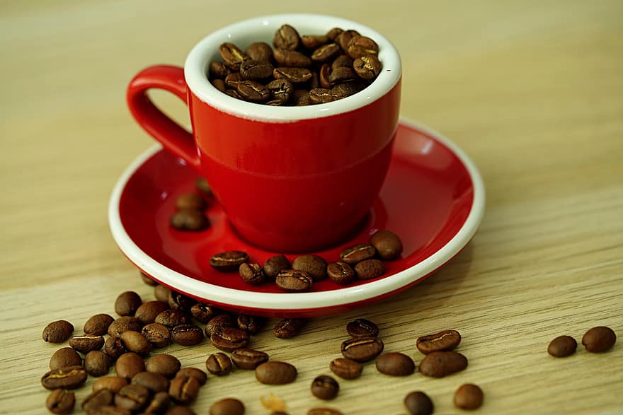granos de café, café, de cerca, beber, frijol, cafeína, frescura, antecedentes, taza de café, madera, calor