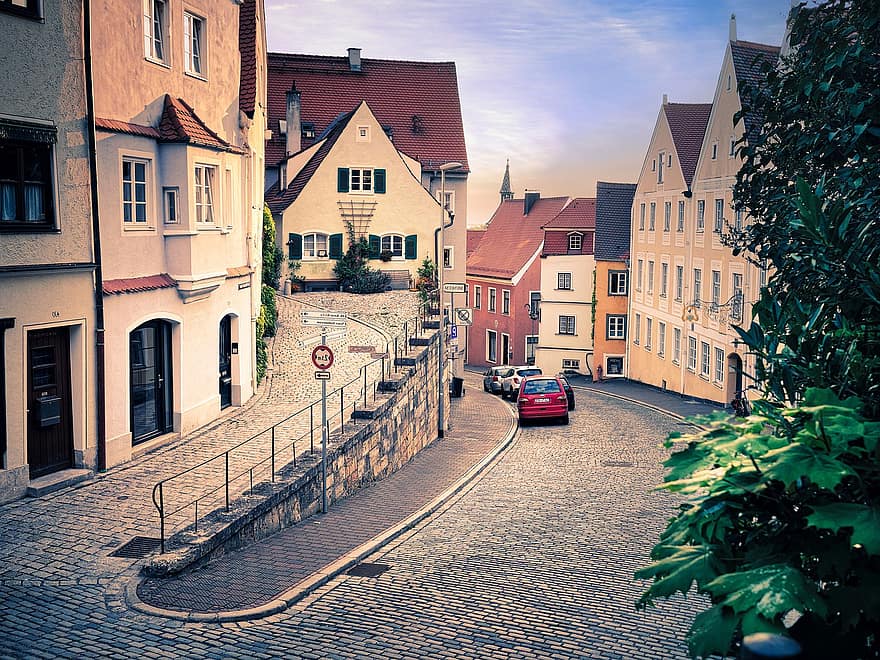 ドイツ、通り、タウン、玉石、路地、歴史的中心、道路、Landsberg、建築、建物の外観、有名な場所