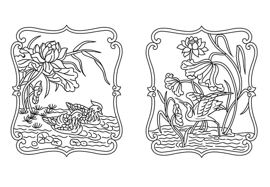 vent de porcelaine, dessin au trait, méticuleux, Motif traditionnel, oiseaux et fleurs, canard mandarin, aigrette, lotus, feuille de lotus, ligne, de bon augure