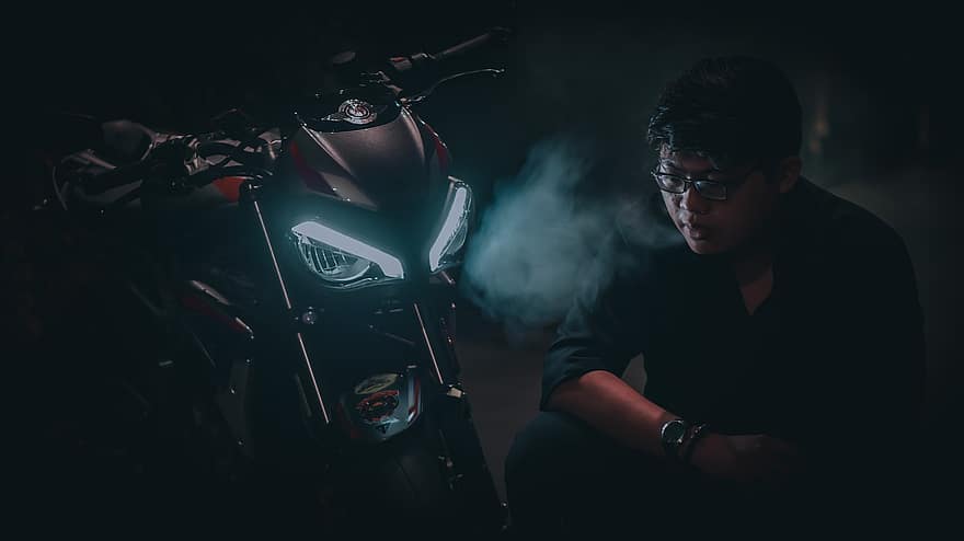 Motorcycle, Man, Headlight, Smoke, Light, Person, Night, Vape